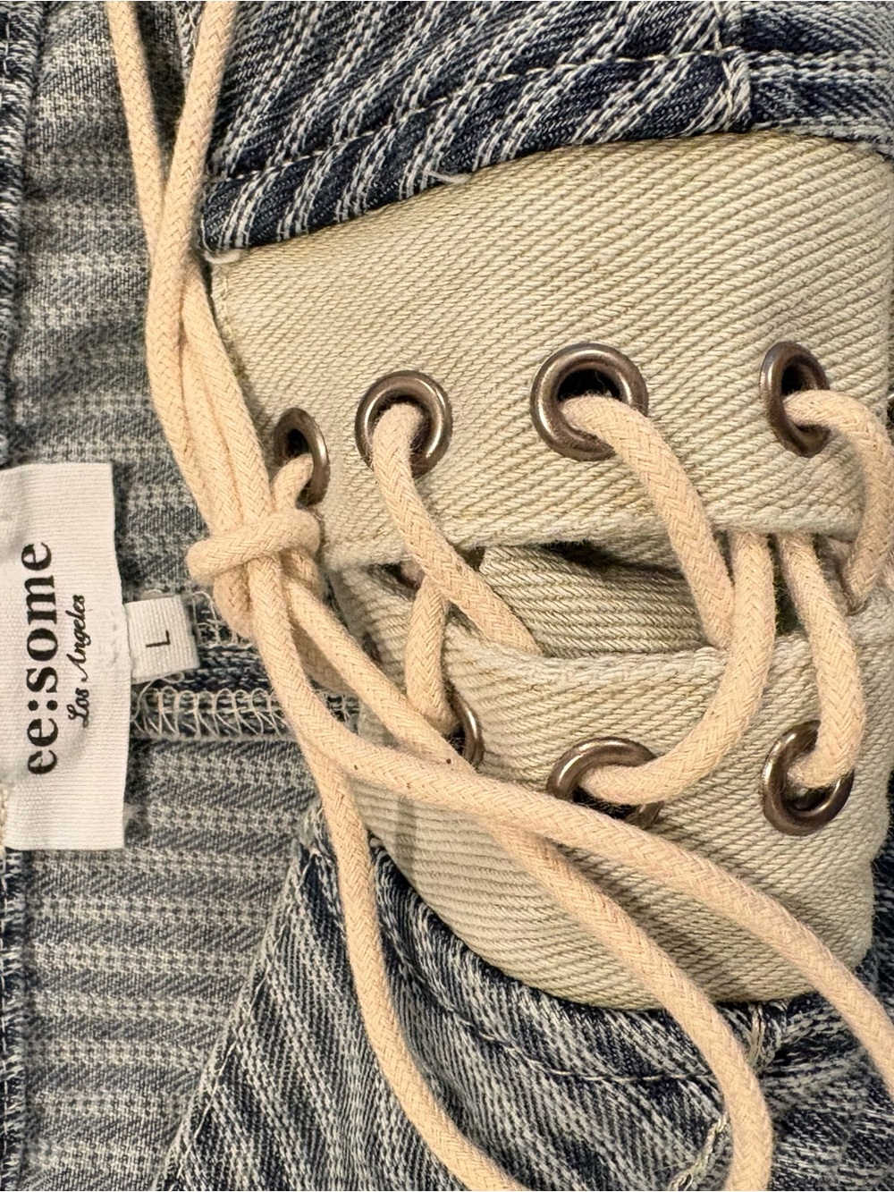 eesome Blue Denim Overalls with Cream Lace-Up Waist Detail